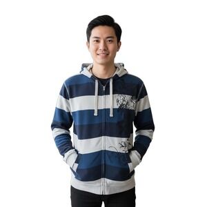 Chalk Mens Blue Striped‎ Fleece Lined Full Zip Hoodie Sweatshirt Medium